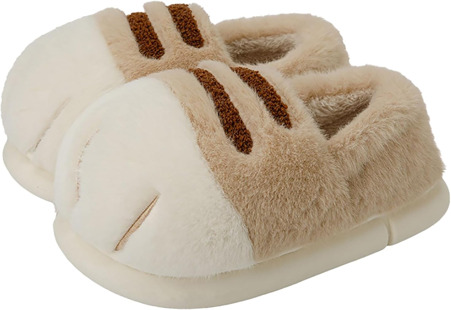 Cream Brown Striped Plush Slippers