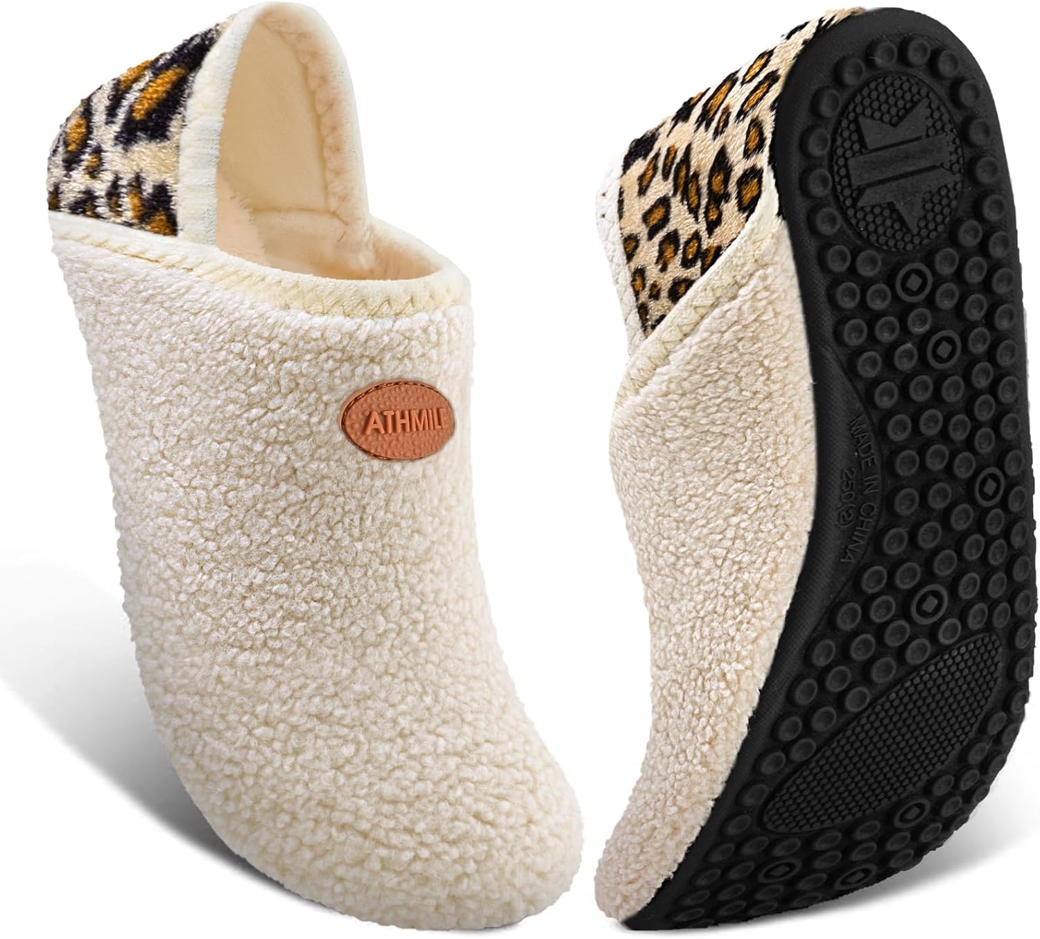 ATHMIL Cream Leopard Sherpa Slippers
