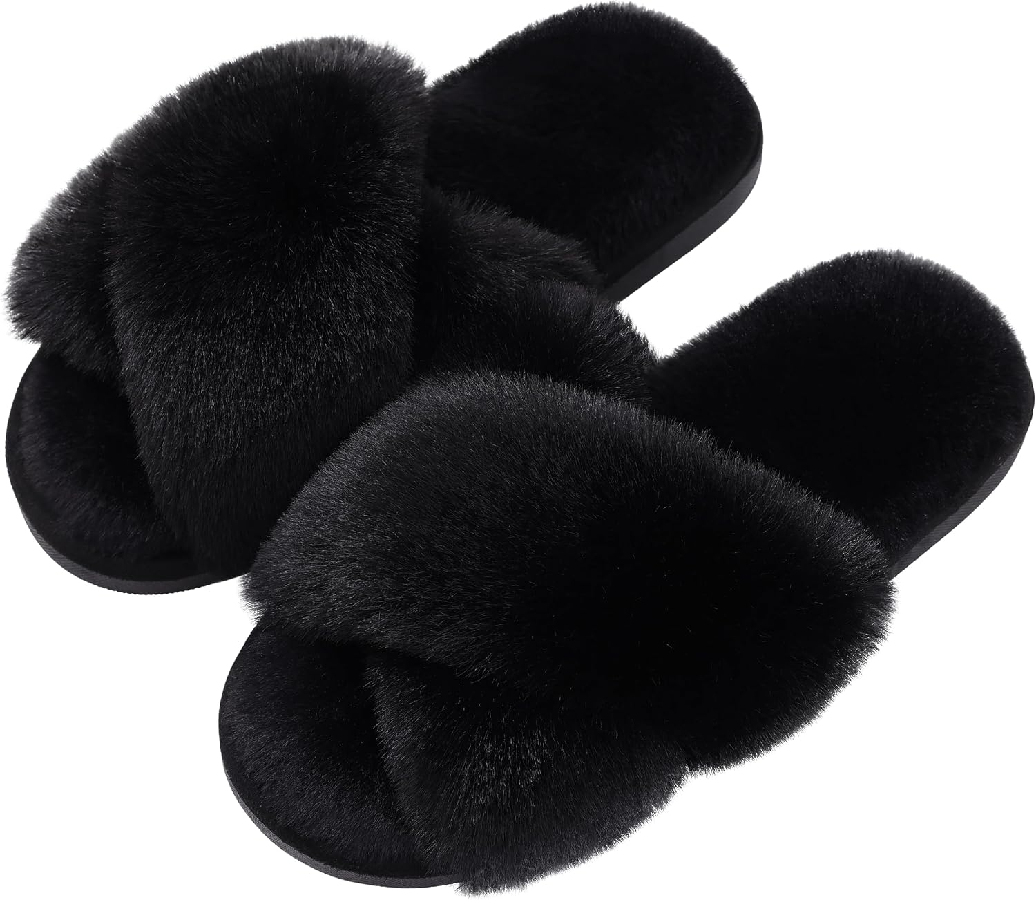 Black Plush Cross-Strap Slippers