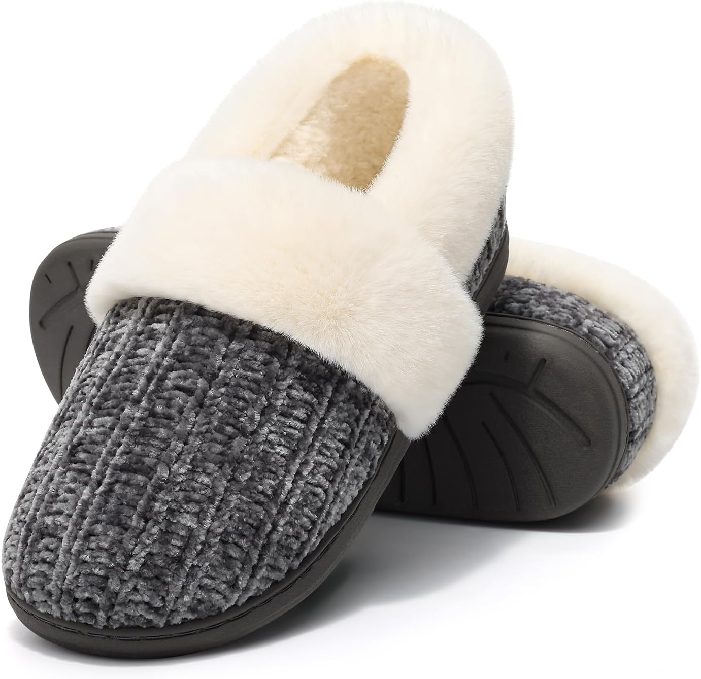 Grey Ribbed Knit Slippers