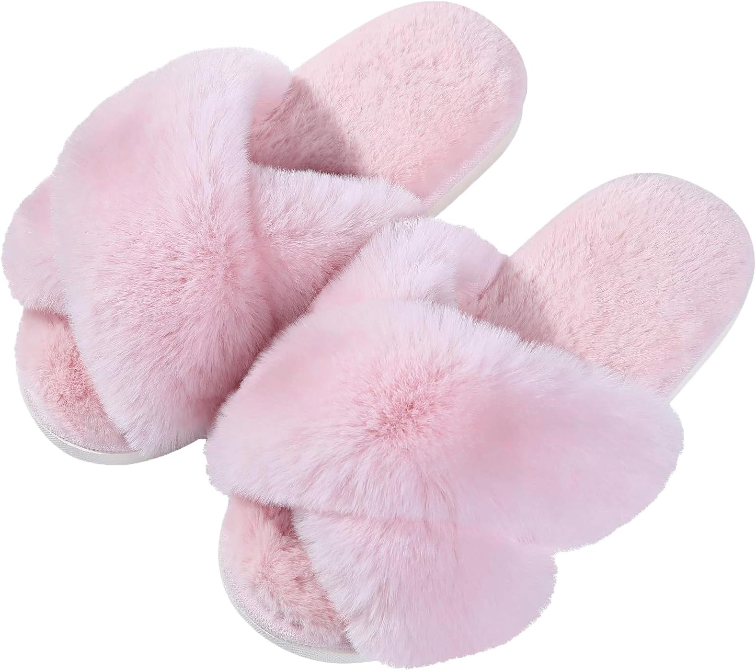 Evshine Memory Foam Fuzzy House Slippers for Women | Faux Fur Cross Band Open Toe Indoor Slippers, Gifts for Women, Moms and Bridesmaids Pink Faux Fur Cross-Strap Slippers