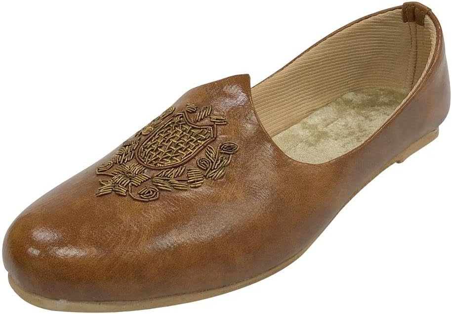 Step n Style Men's Tan Wedding Sherwani Juttis Ethnic Slip-on Loafers Shoes Handmade Mojari Indian Punjabi Jooti Tan Embroidered Loafers