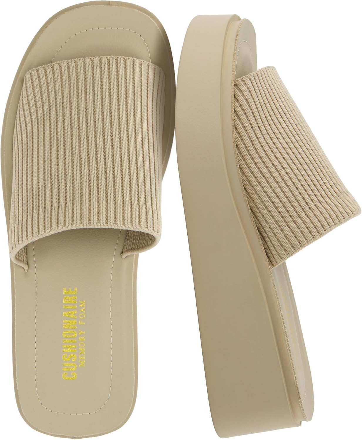 CUSHIONAIRE Pim Wedge Chunky Platform Womens Sandals with Firm Knit Upper & Memory Foam Summer Sandals for Women CUSHIONAIRE Beige Knit Platform Slides